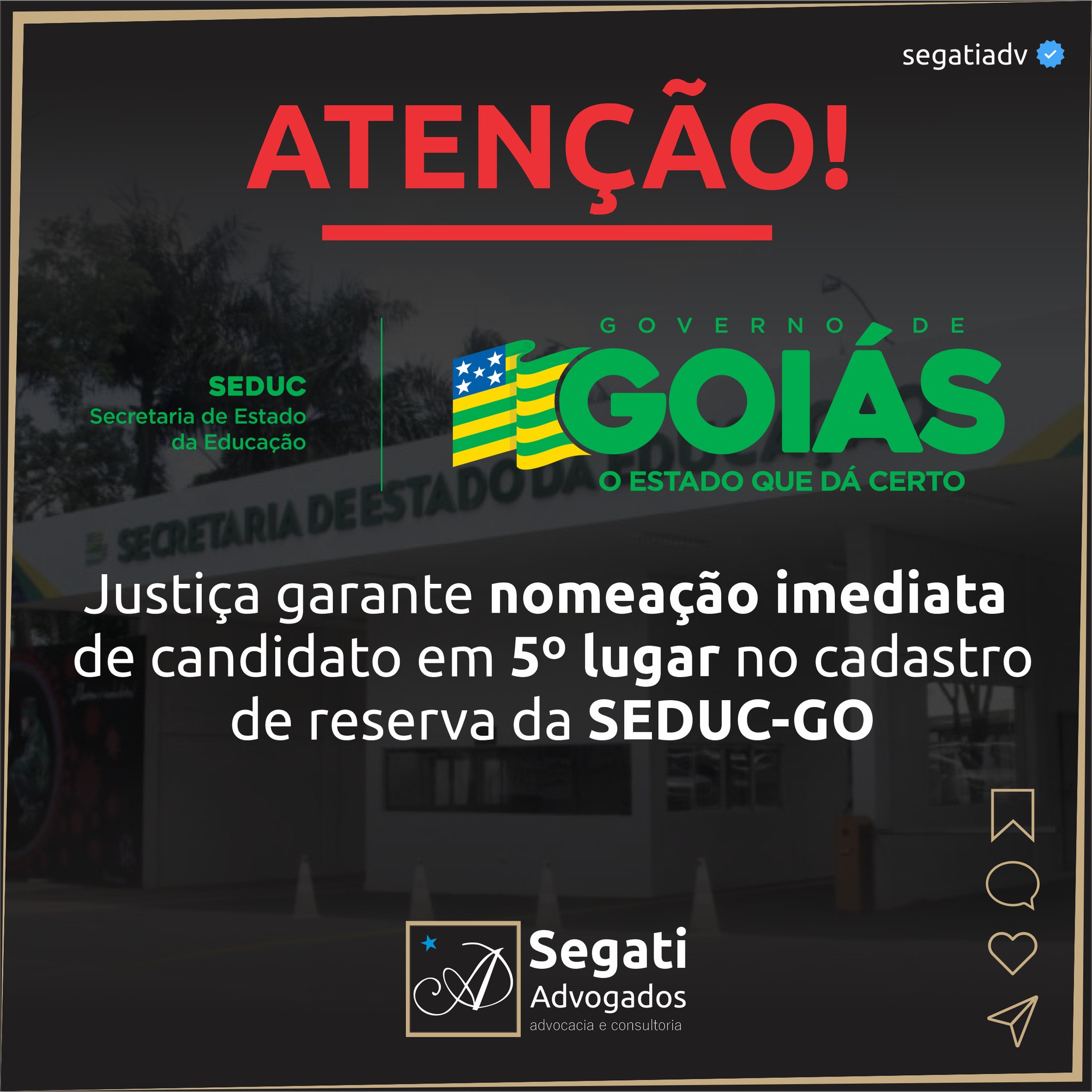 Justi&ccedil;a garante nomea&ccedil;&atilde;o imediata de candidato em 5&ordm; lugar no cadastro de reserva da SEDUC-GO